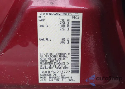 2016 Nissan Altima 2.5 Sr from USA, damaged, VIN 1N4AL3AP9GC213777